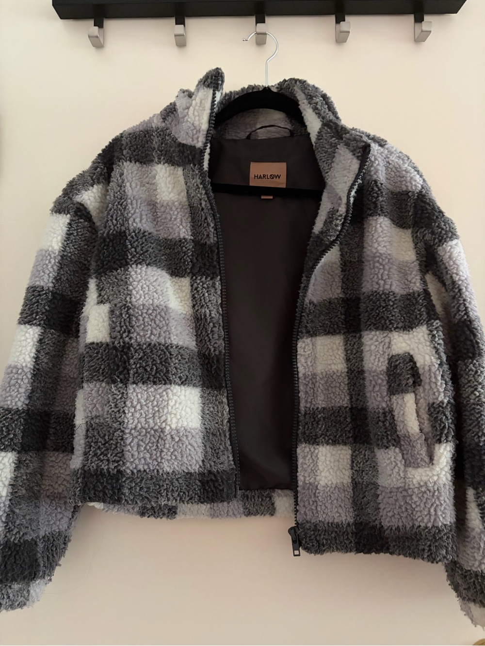 Harlow Women’s Gray & White Check Sherpa Jacket